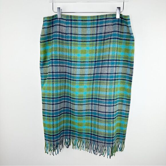 J. Jill Skirt Plaid Wool Blend Wrap Fringe Gray Green Blue Fall Womens 16 - Picture 13 of 13